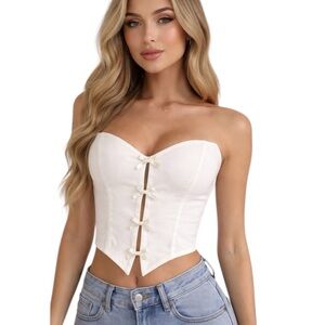 Shasa Cream Strapless Corset Crop Top with Front Bow Details